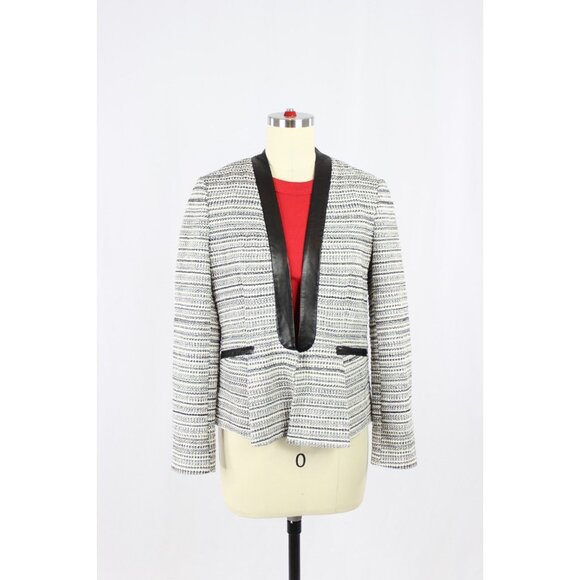 REBECCA TAYLOR Grey Striped Cotton Tweed Leather Trim Peplum Blazer, Size 6 - Picture 1 of 16